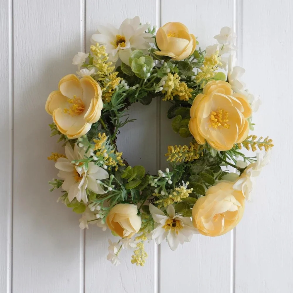 Yellow and White Floral Wreath, 11 Inch Candle Ring Centerpiece